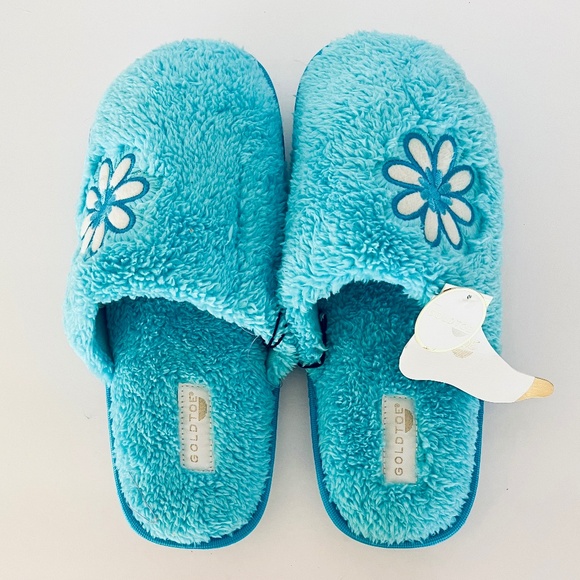 GOLD TOE Memory Foam BLUE SCUFF Embroidered FLOWER DAISY Womens XL (11-12) NWT - Picture 1 of 4